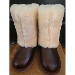 UGG  W Patten Leather Boot Chestnut Sheepskin Cuff Water Resistant NEW Box Sz 5